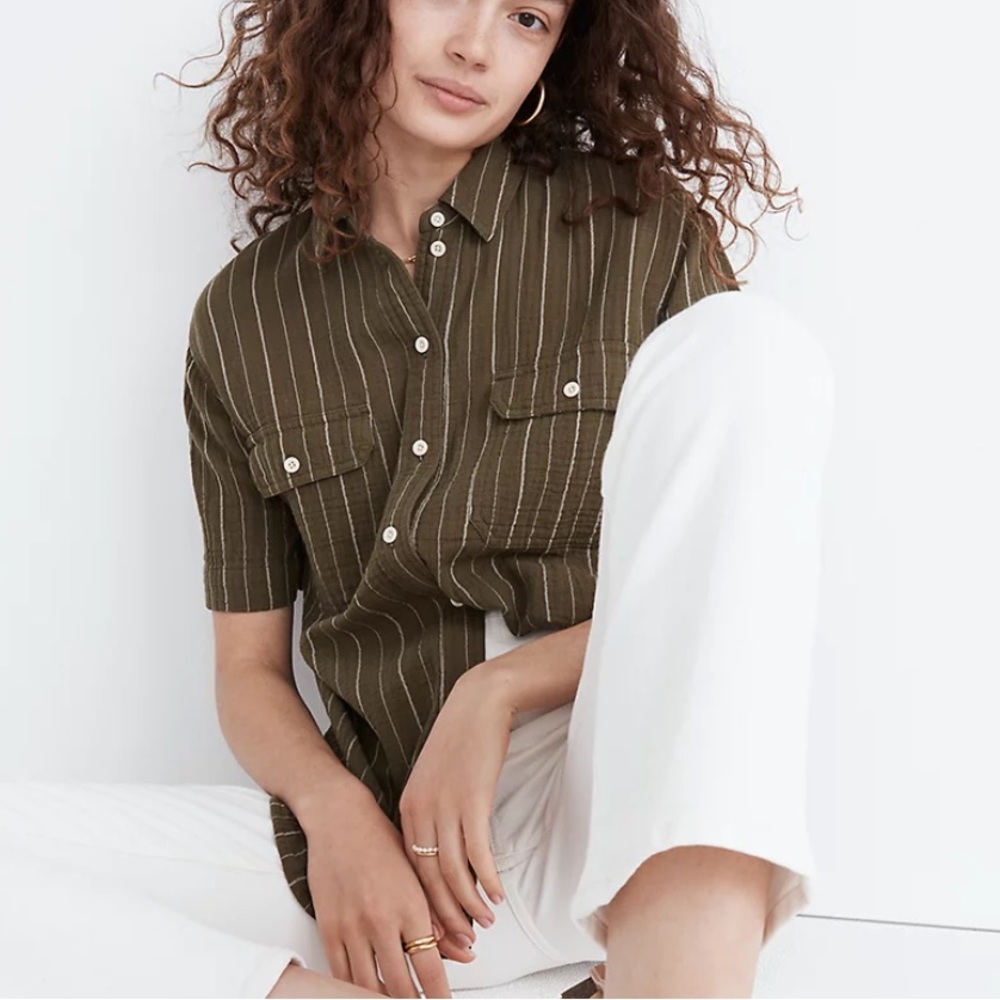 NWT Madewell green cotton stripe button up